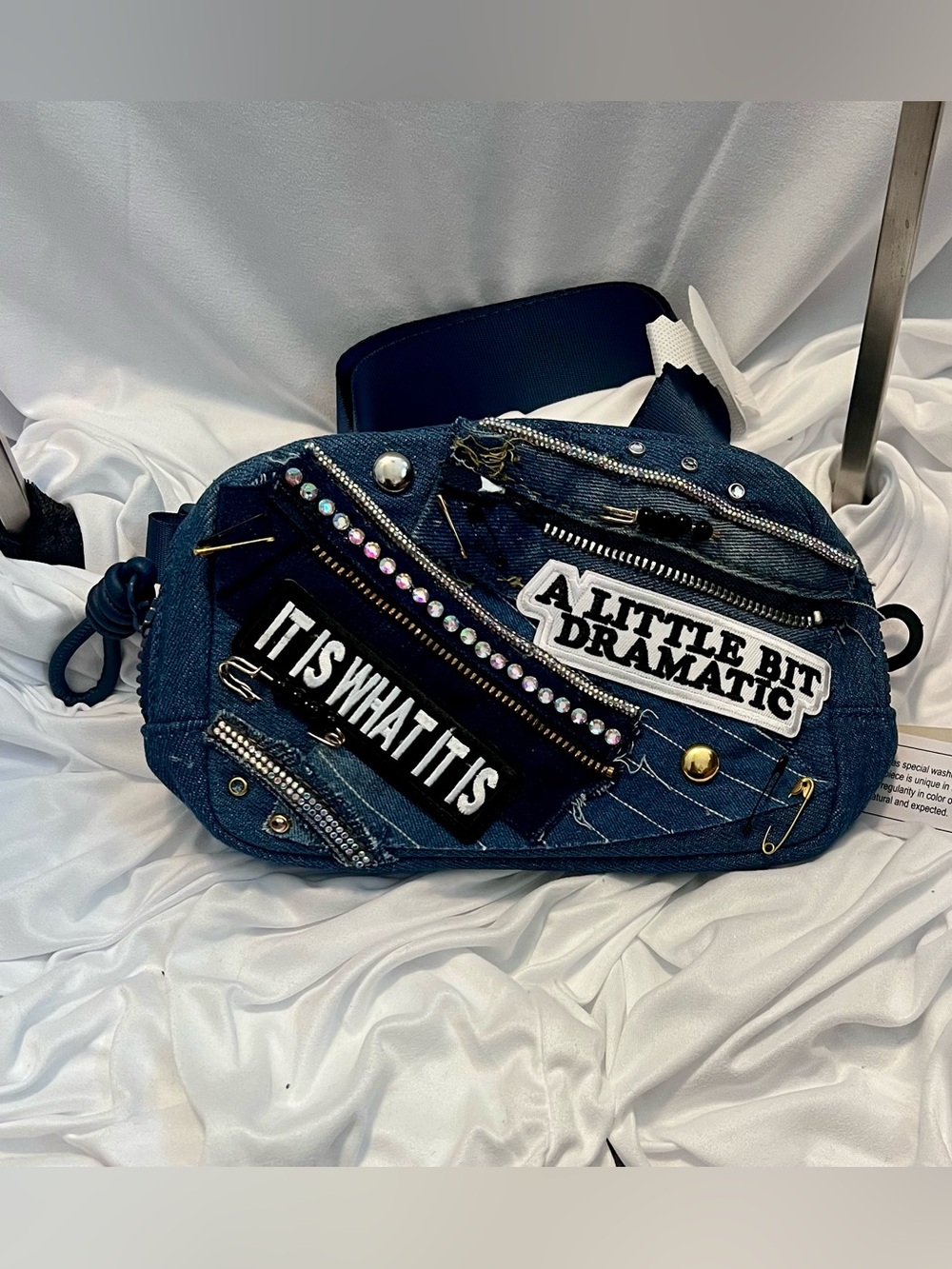 Denim Statement waist Crossbody with Patches and Studs